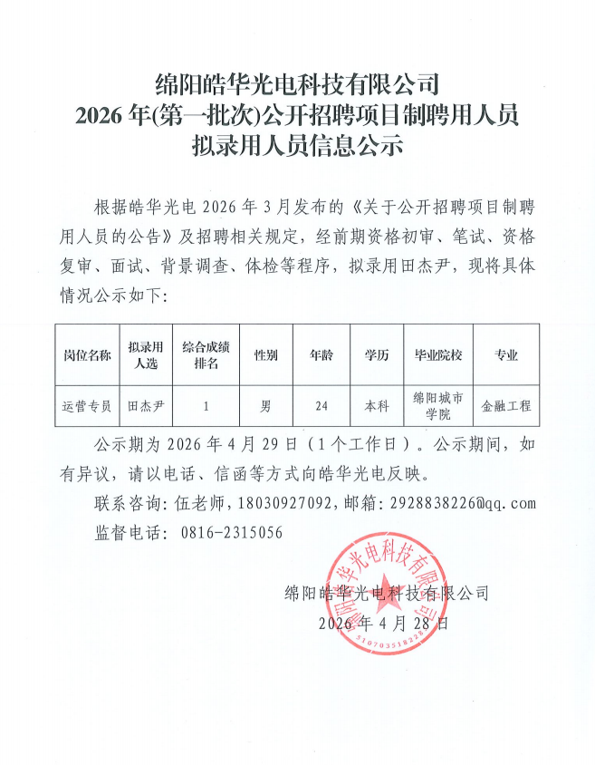 绵阳皓华光电科技有限公司 2026年（第一批次）公开招聘项目制聘用人员 拟录用人员信息公示