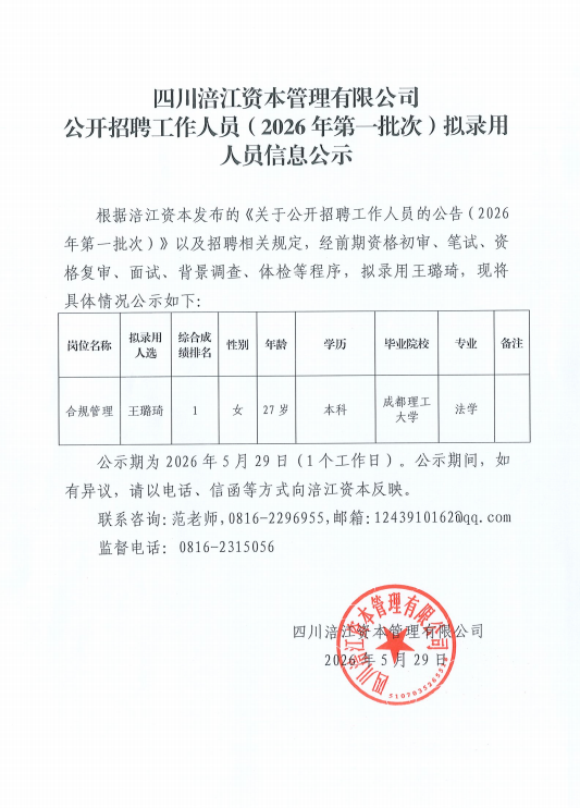 四川涪江资本管理有限公司公开招聘工作人员（2026年第一批次）拟录用人员信息公示